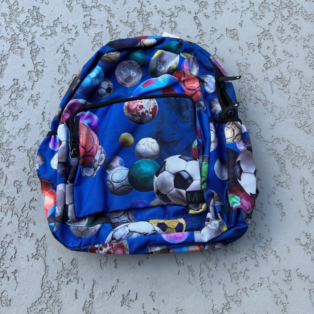Molo Big Backpack Cosmic Footballs Blue Soccer Print Kids Bag 7W19V203 NWT